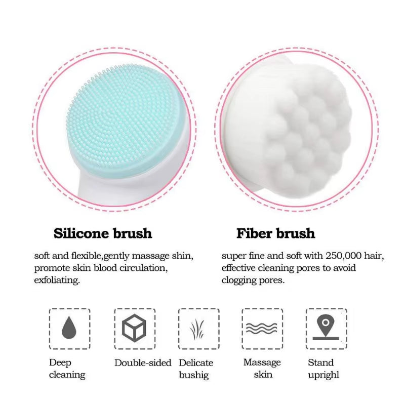  DewMuseBeauty 3D Double Silicone Facial Cleansing & Massage Brush – Soft Bristles Exfoliator, Double-Sided Face Wash Tool