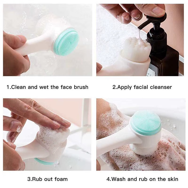  DewMuseBeauty 3D Double Silicone Facial Cleansing & Massage Brush – Soft Bristles Exfoliator, Double-Sided Face Wash Tool